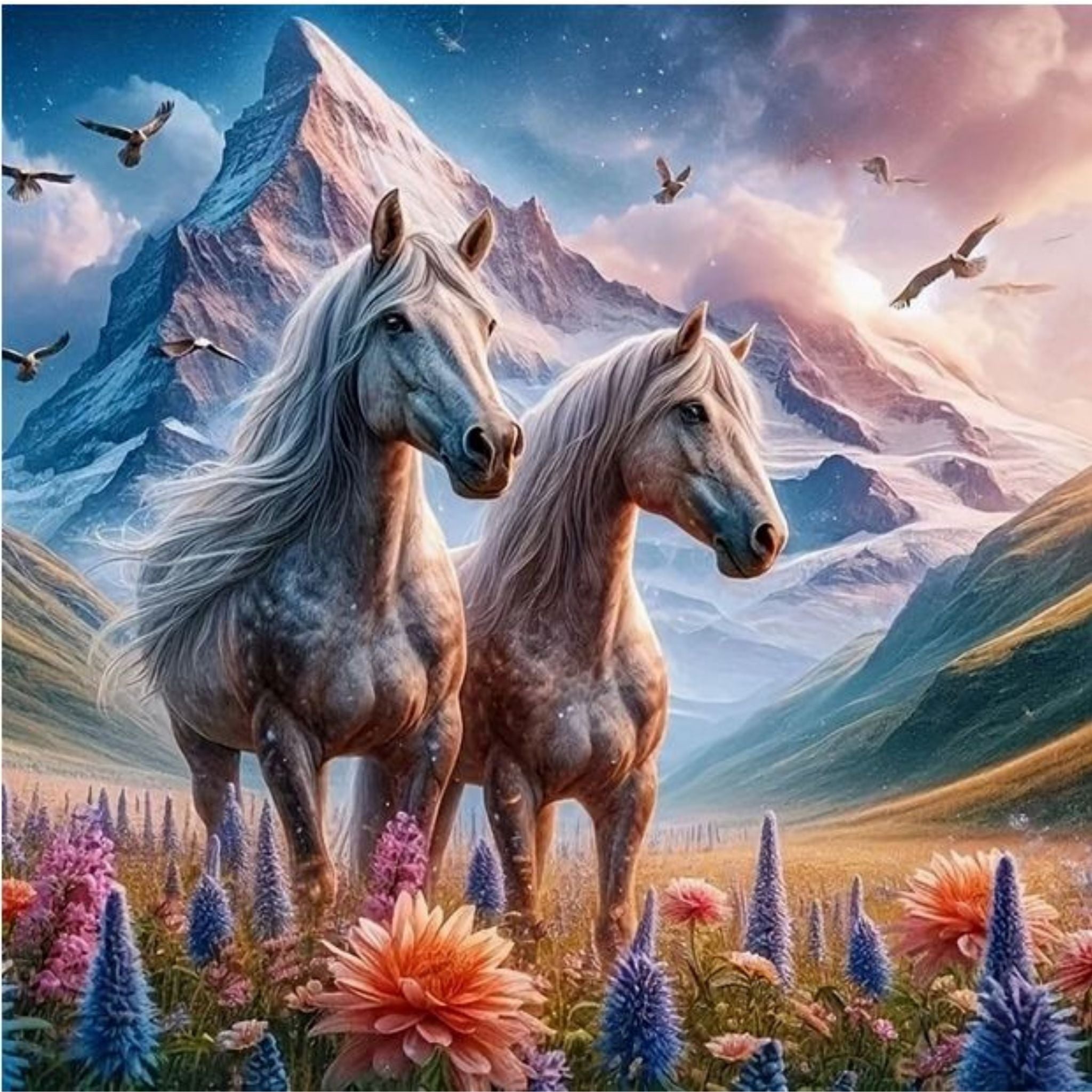 Kit complet diamond painting chevaux majestueux dans une prairies 40 par 40cm. Diamants ronds