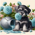 Kit diamond painting chiot et dahlias turquoise 40 par 40cm. Diamants ronds