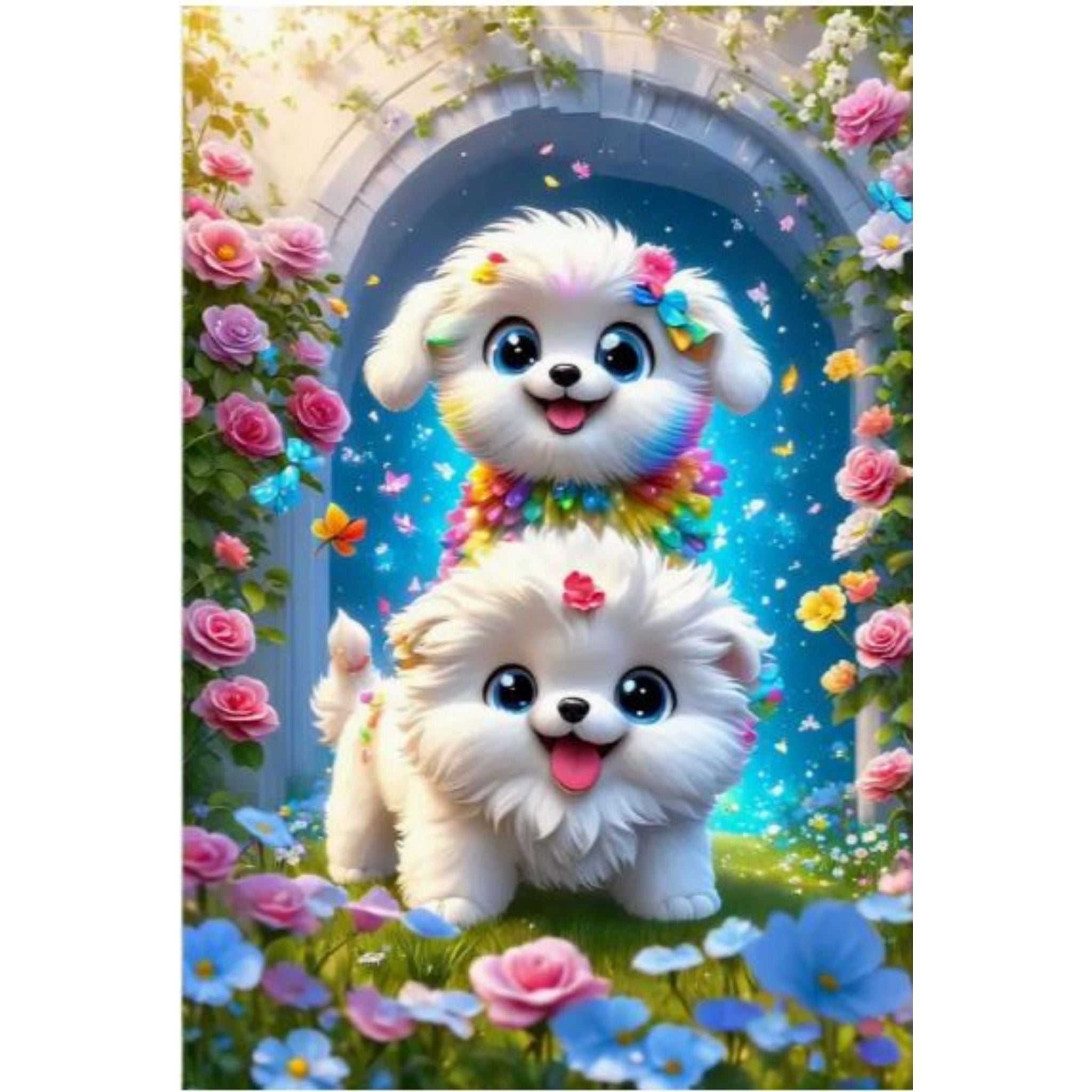 Kit diamond painting chiots blancs jardin fleuri 40 par 60cm. Diamants ronds