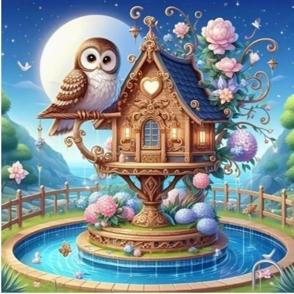 Kit diamond painting chouette et maison enchantée 30 par 30cm. Diamants ronds