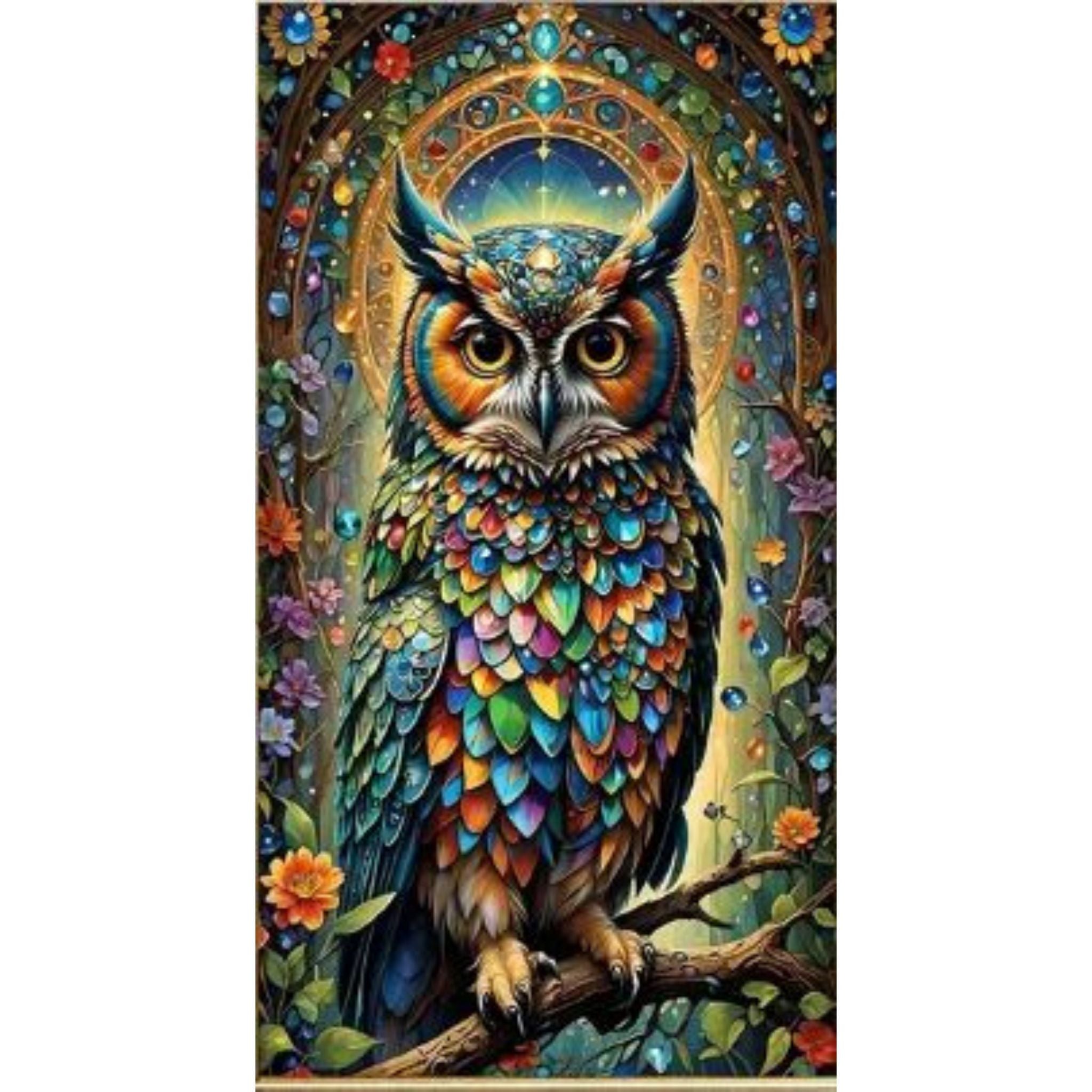 Kit diamond painting chouette vitrail 40 par 70cm. Diamants ronds