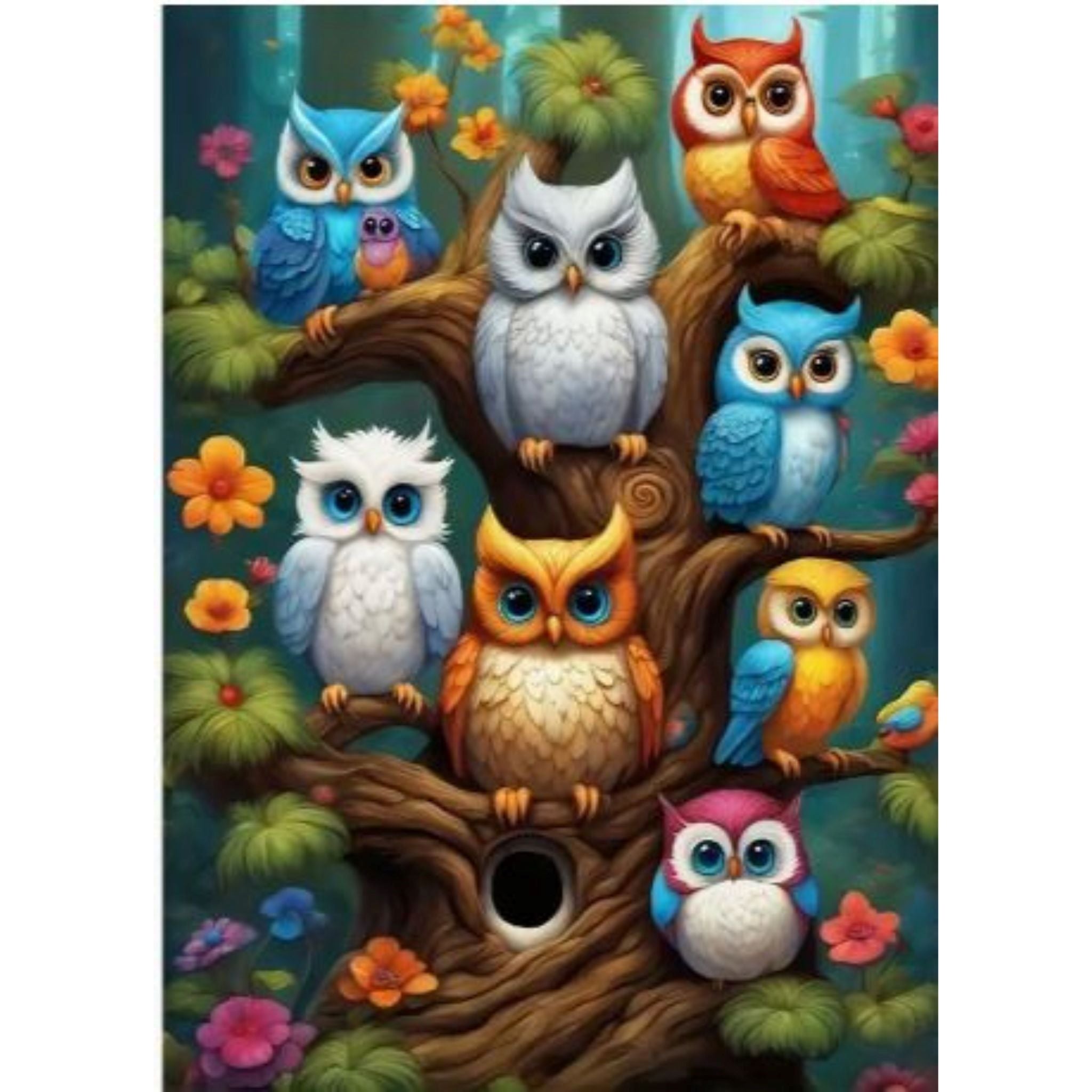 Kit diamond painting chouettes colorées 30 par 40cm. Diamants ronds