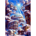 Kit Diamond Painting cité enneigée féerique 30 par 40cm. Diamants ronds