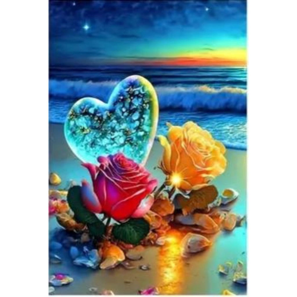 Kit Diamond Painting cœur cristal plage 30 par 40cm. Diamants ronds