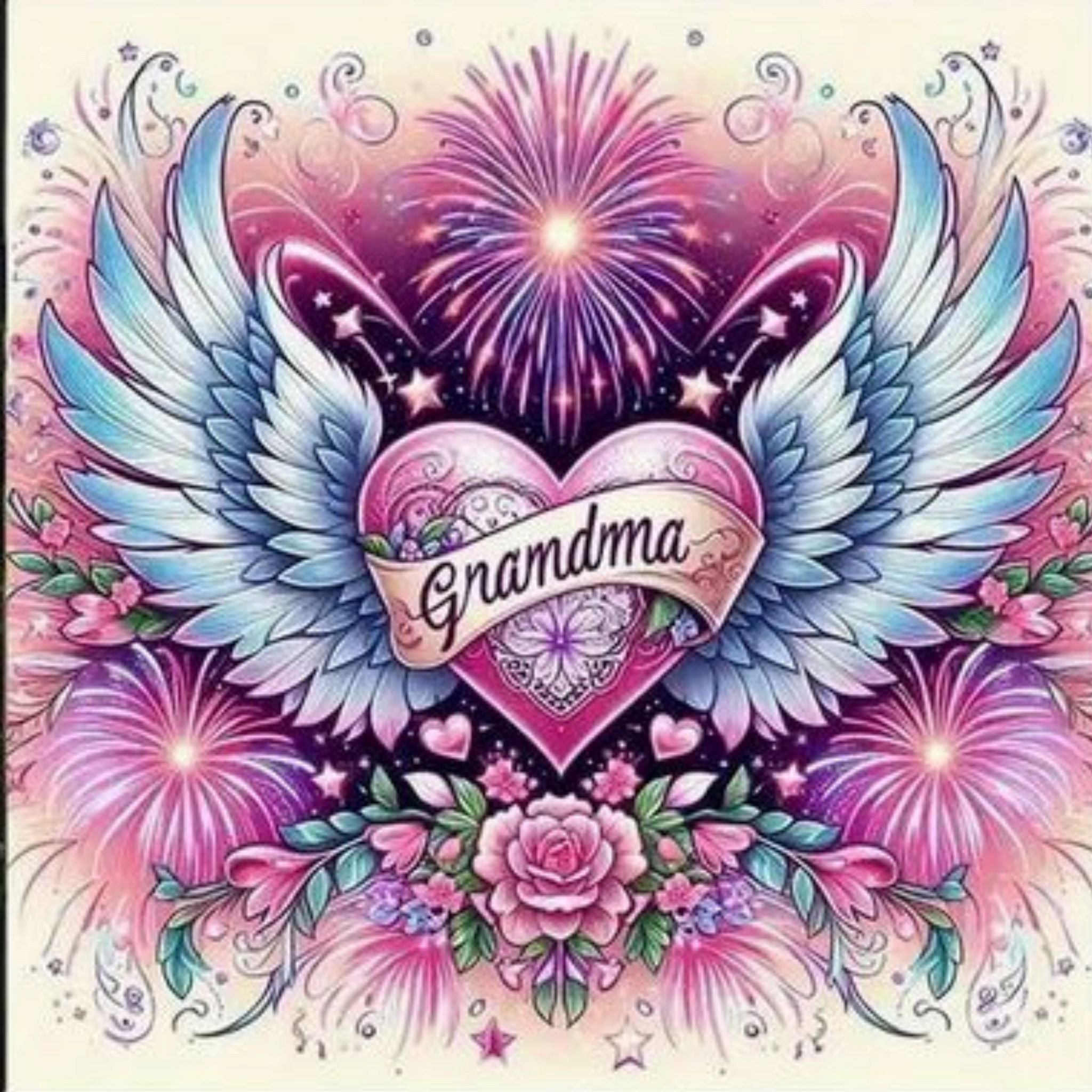 Kit Diamond Painting cœur Grandma ailé 35 par 35cm. Diamants ronds