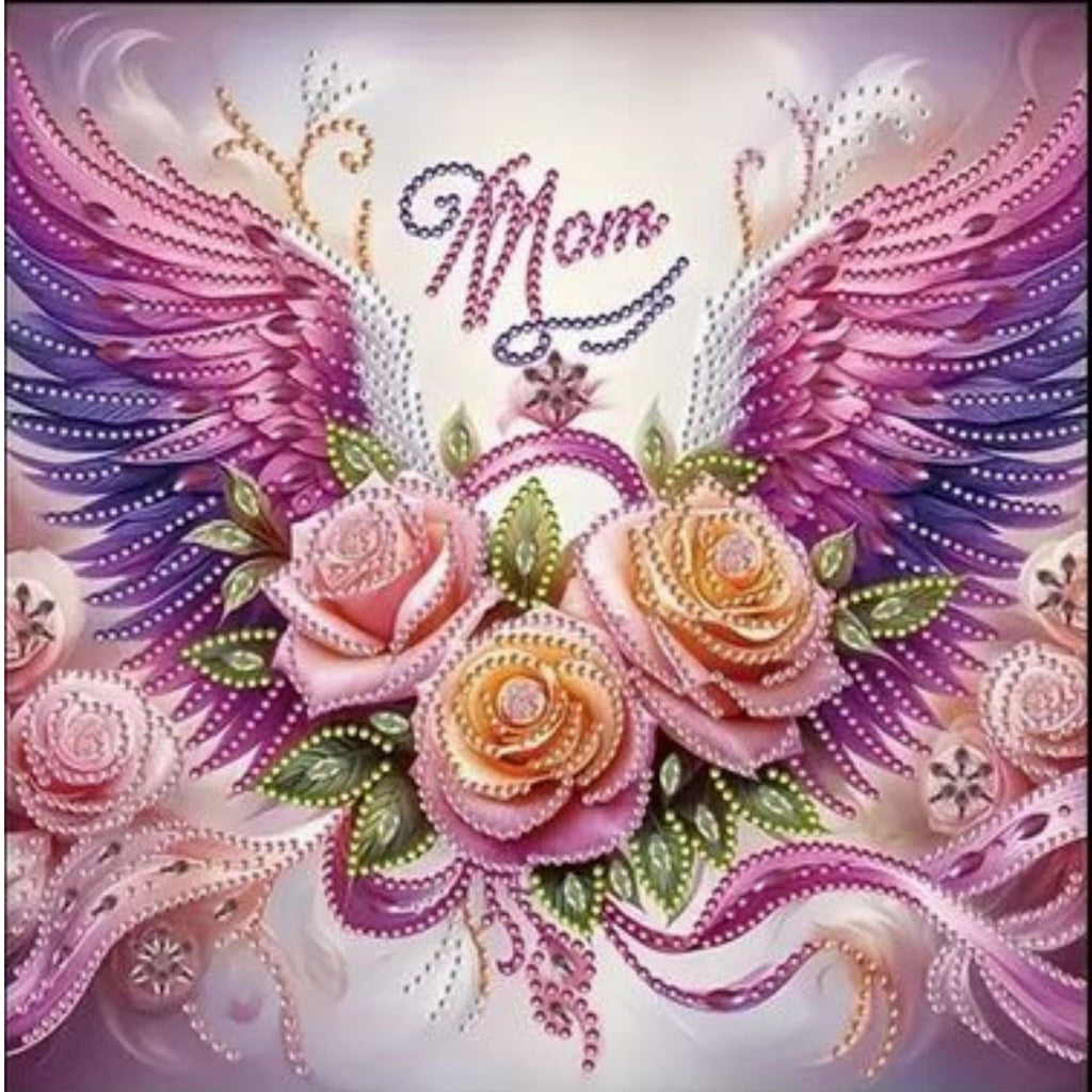 Kit Diamond Painting semi-fini cœur Mom ailé 30 par 30cm. Diamants irréguliers