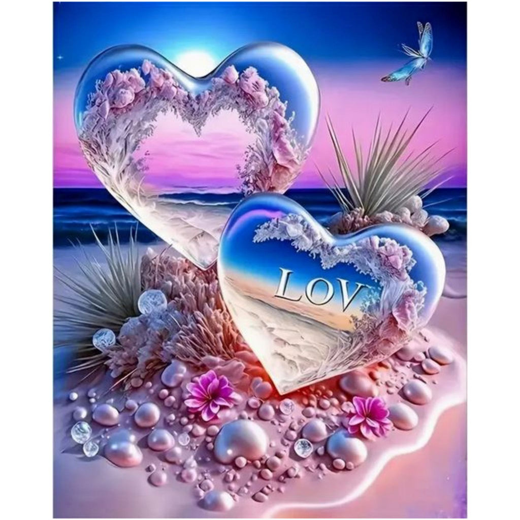 Kit Diamond Painting cœurs romantiques love 30 par 40cm. Diamants ronds