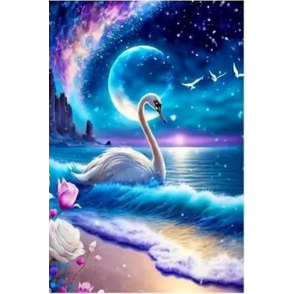 Kit Diamond Painting cygne cosmique clair de lune 30 par 40cm. Diamants ronds