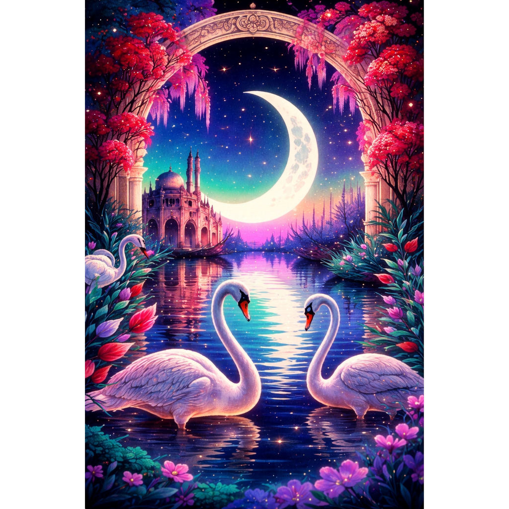 Kit Diamond Painting cygnes château enchanté 30 par 40cm. Diamants ronds,