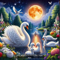 Kit diamond painting cygnes et pleine lune dorée 40 par 40cm. Diamants ronds