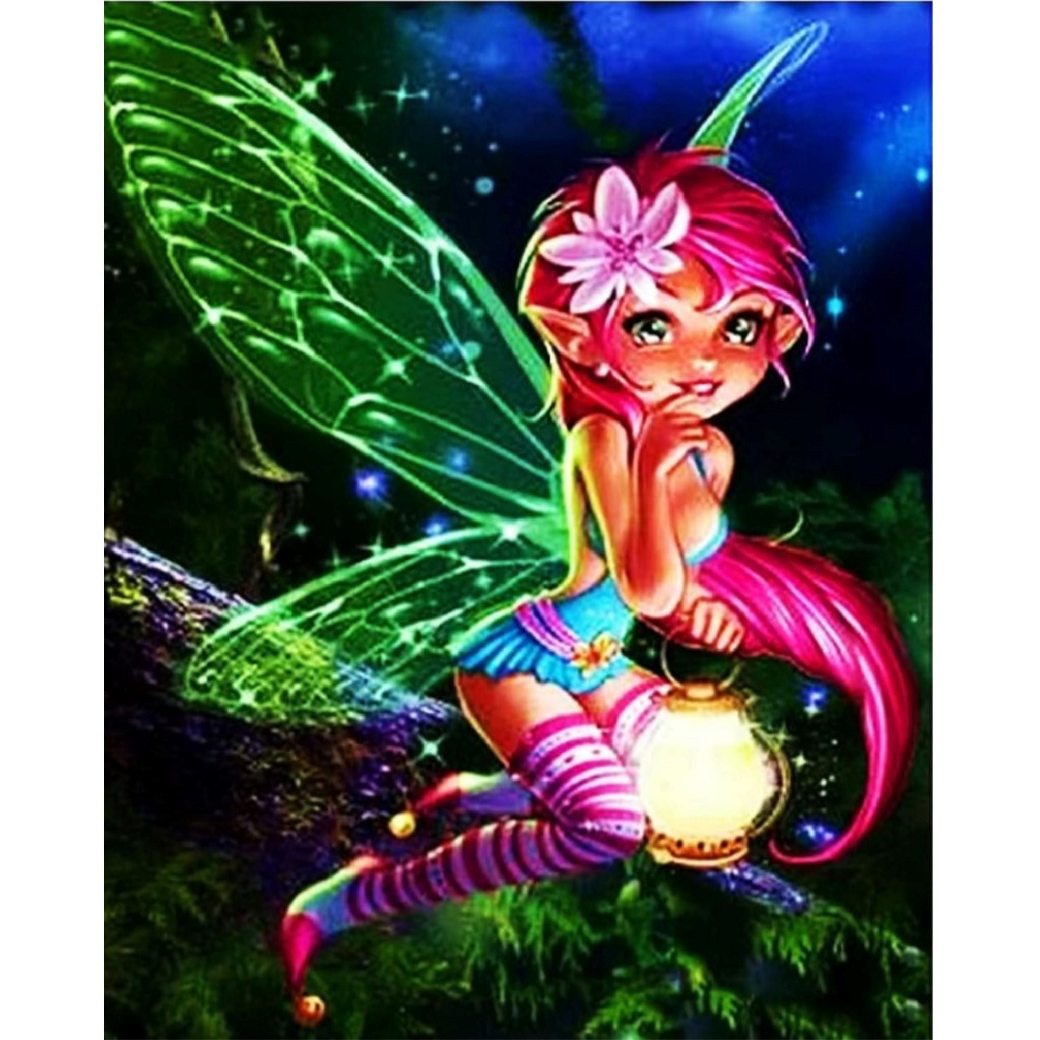 Kit complet diamond painting fée ailes vertes 30 par 40cm. Diamants ronds