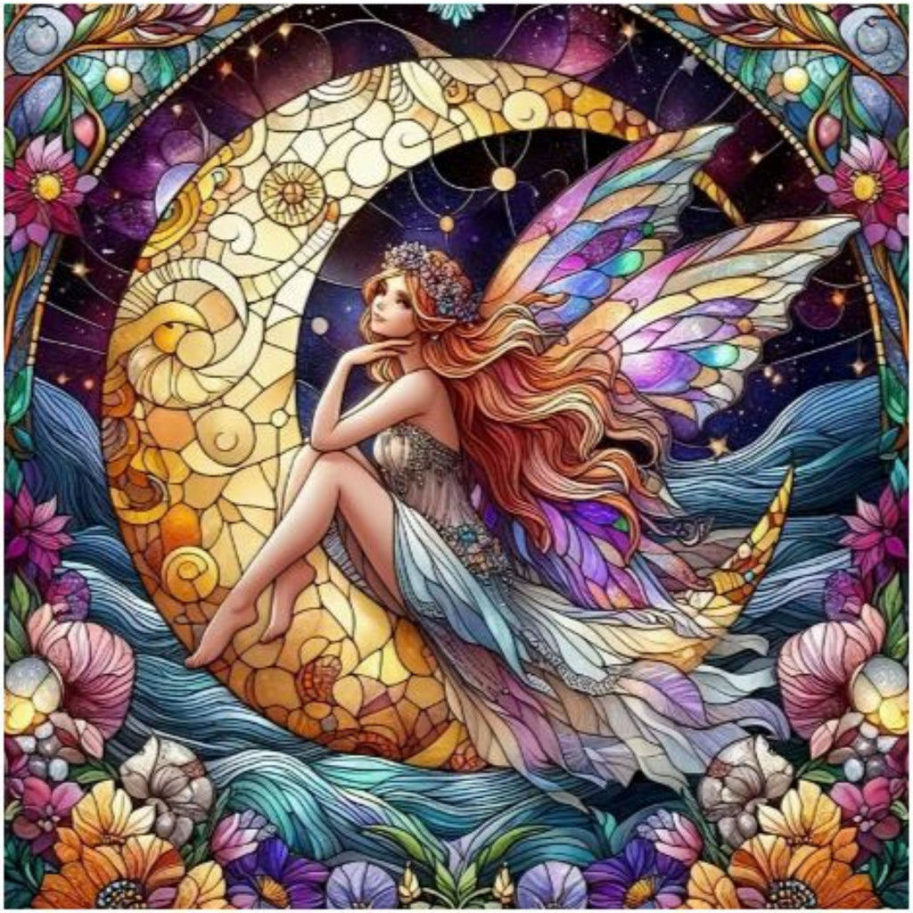 Kit diamond painting fée et lune céleste 40 par 40cm. Diamants ronds