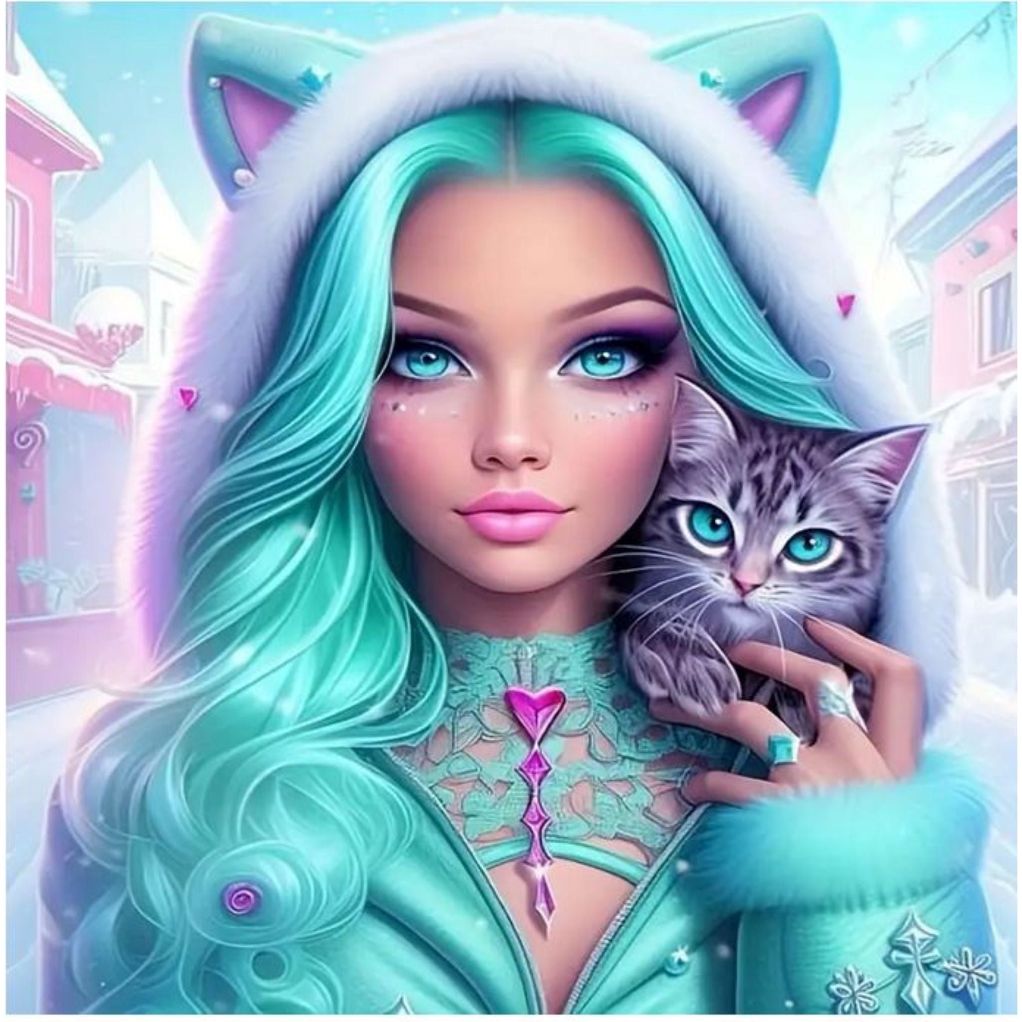 Kit diamond painting fille et chaton féeriques 30 par 30cm. Diamants ronds