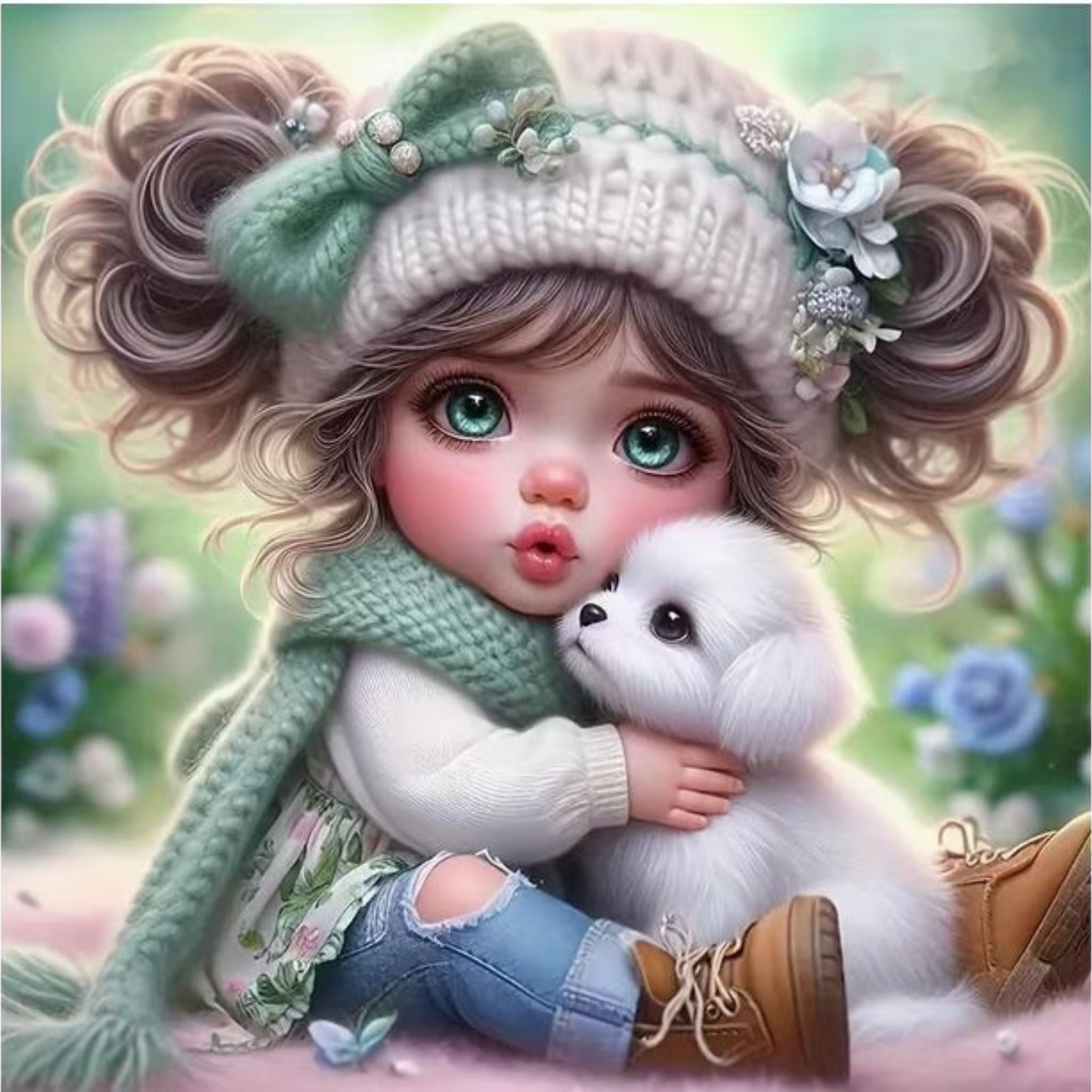 Kit Diamond Painting fillette lapin blanc 30 par 30cm. Diamants ronds