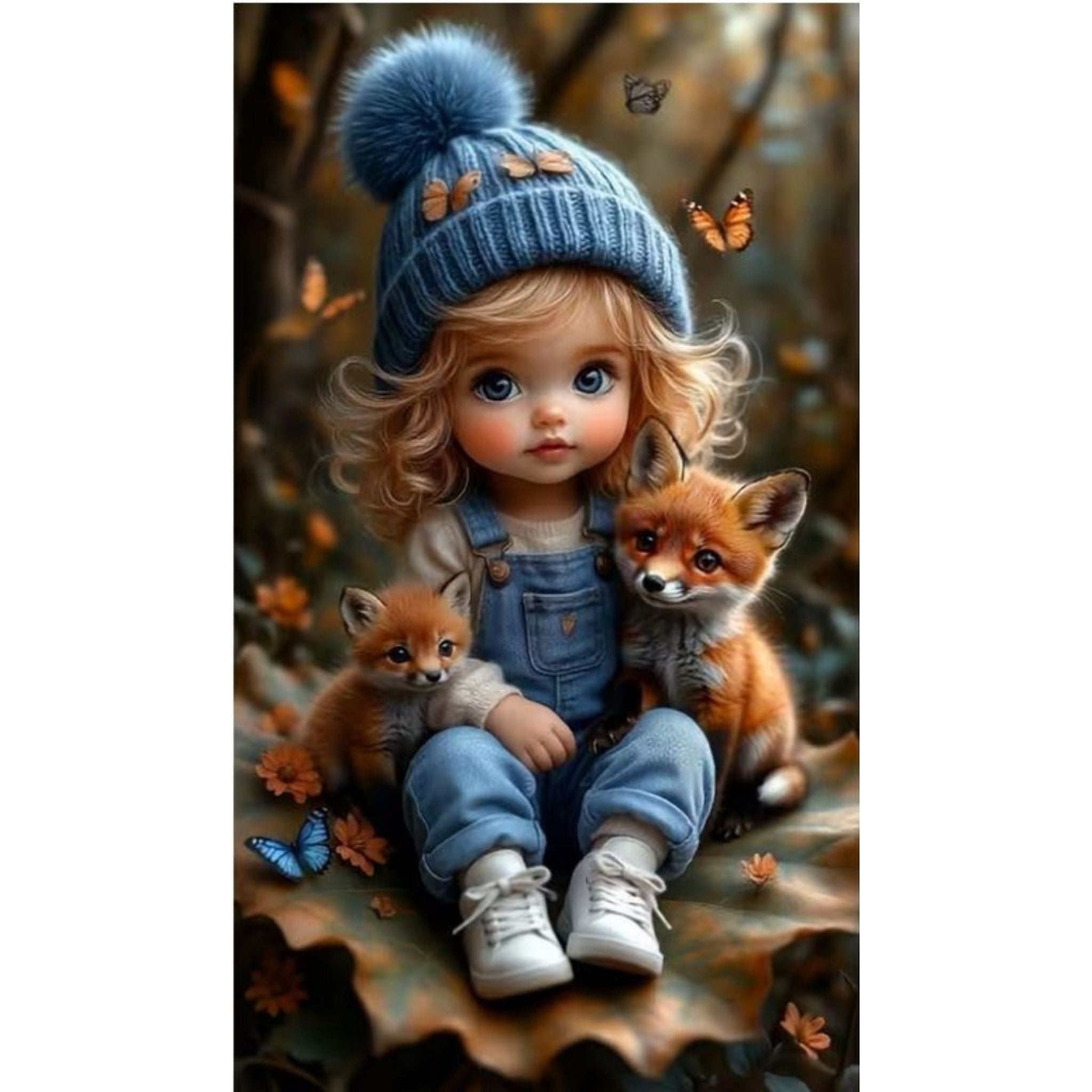 Diamond Painting Fillette Renardeaux Automne 40x70 | Diamants Ronds - Art & Trésorts