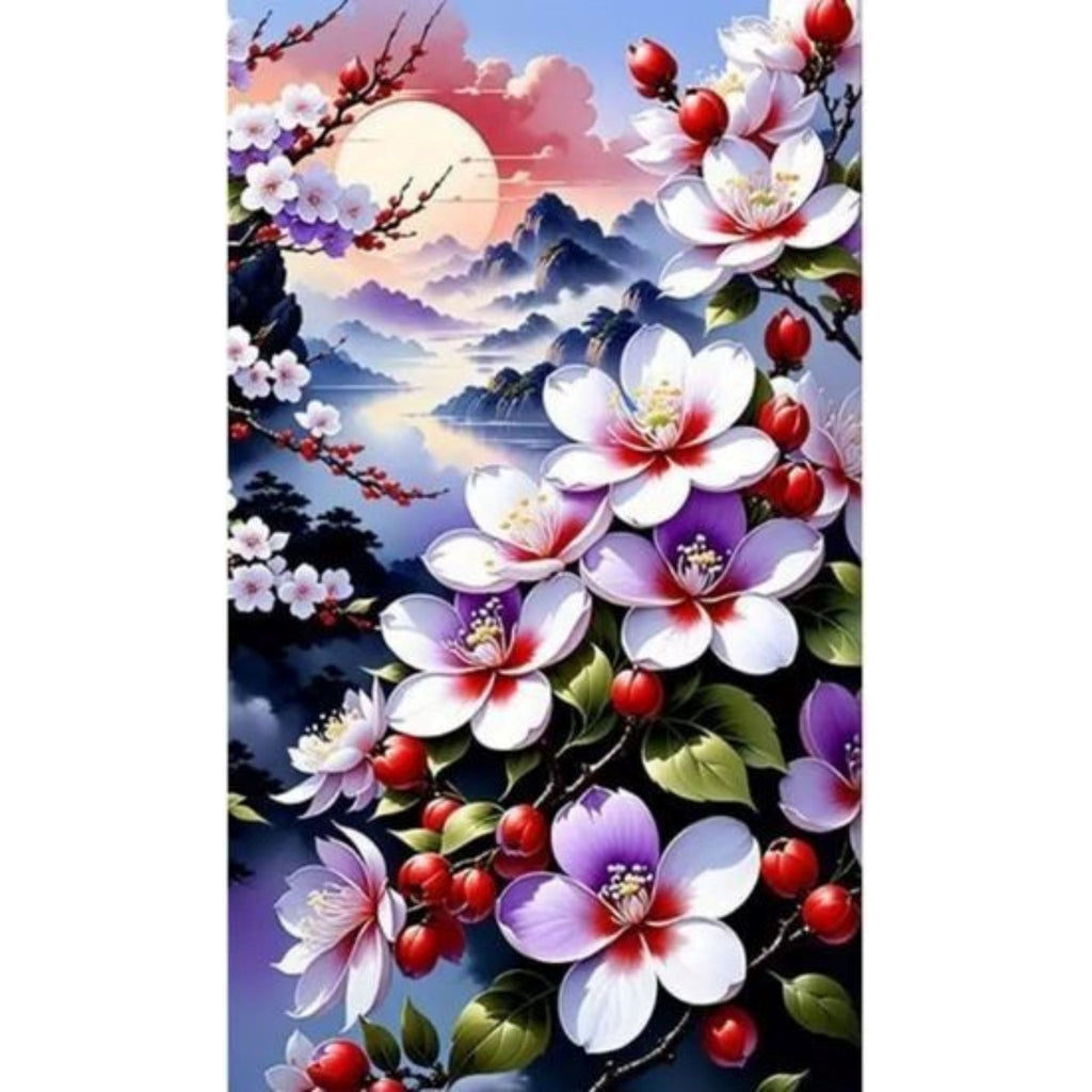 Kit diamond painting fleurs de cerisier et paysage 40 par 70cm. Diamants ronds