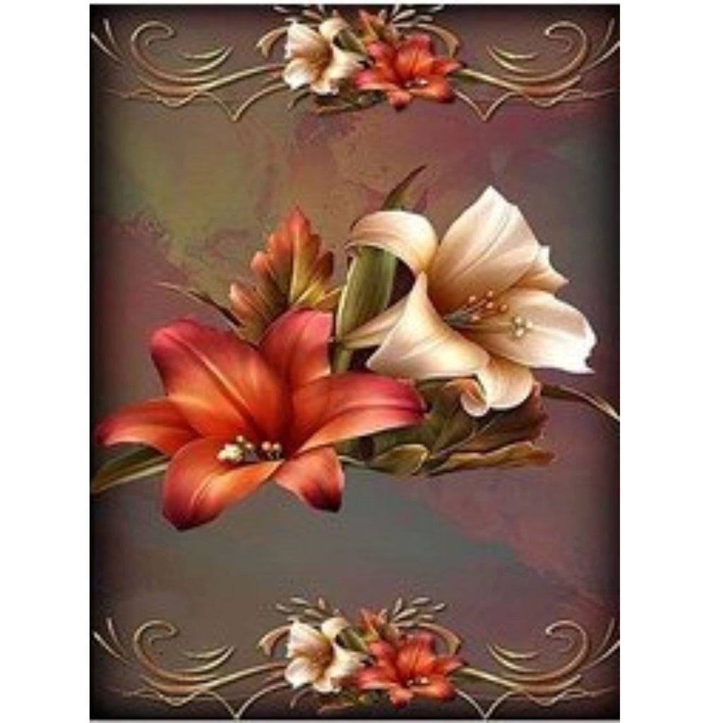 Kit diamond painting fleurs élégantes ornements dorés 30 par 40cm. Diamants ronds
