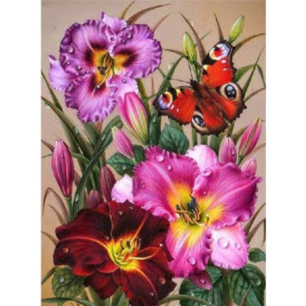 Kit Diamond Painting fleurs violettes papillon paon 30 par 40cm. Diamants ronds