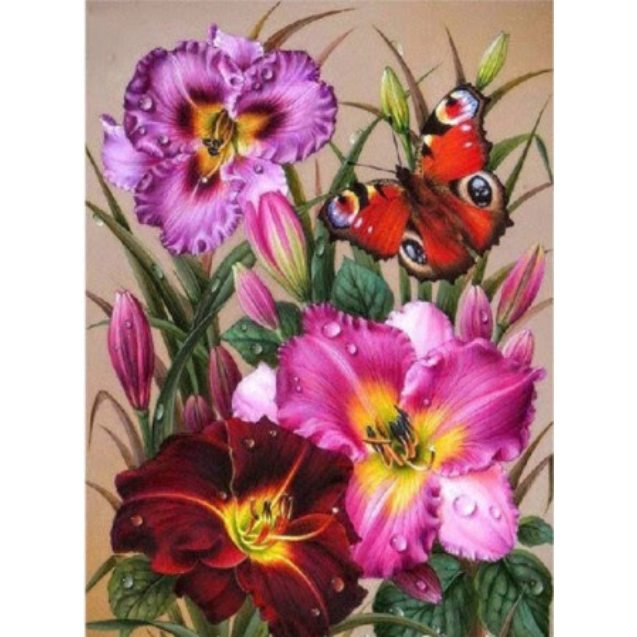 Kit Diamond Painting fleurs violettes papillon paon 30 par 40cm. Diamants ronds