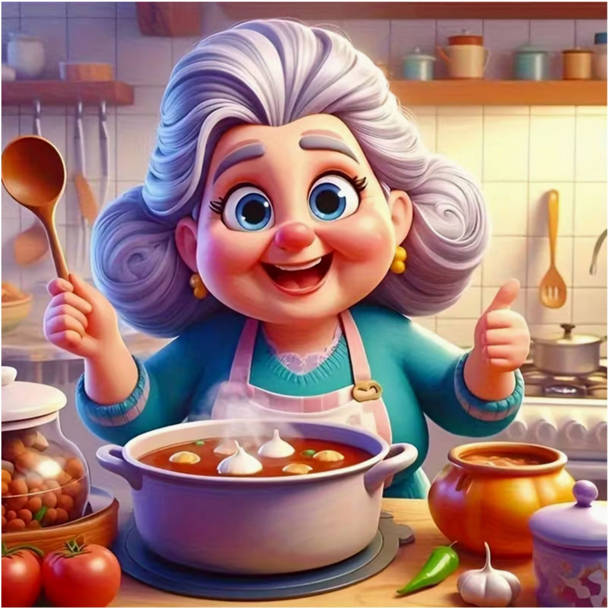 Kit complet diamond painting grand-mère cuisinière 30 par 30cm. Diamants ronds