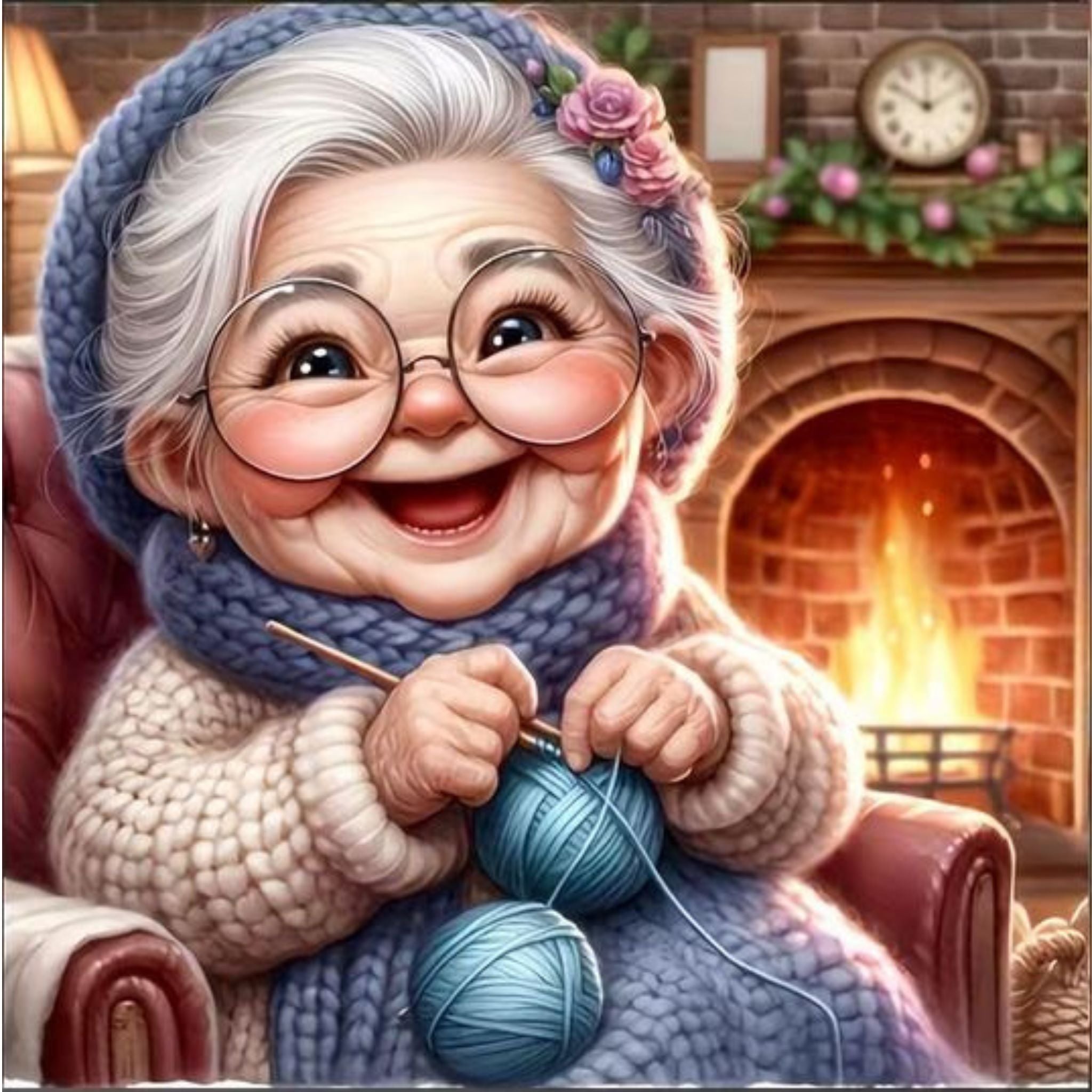 Kit complet diamond painting grand-mère tricotant 30 par 30cm. Diamants ronds