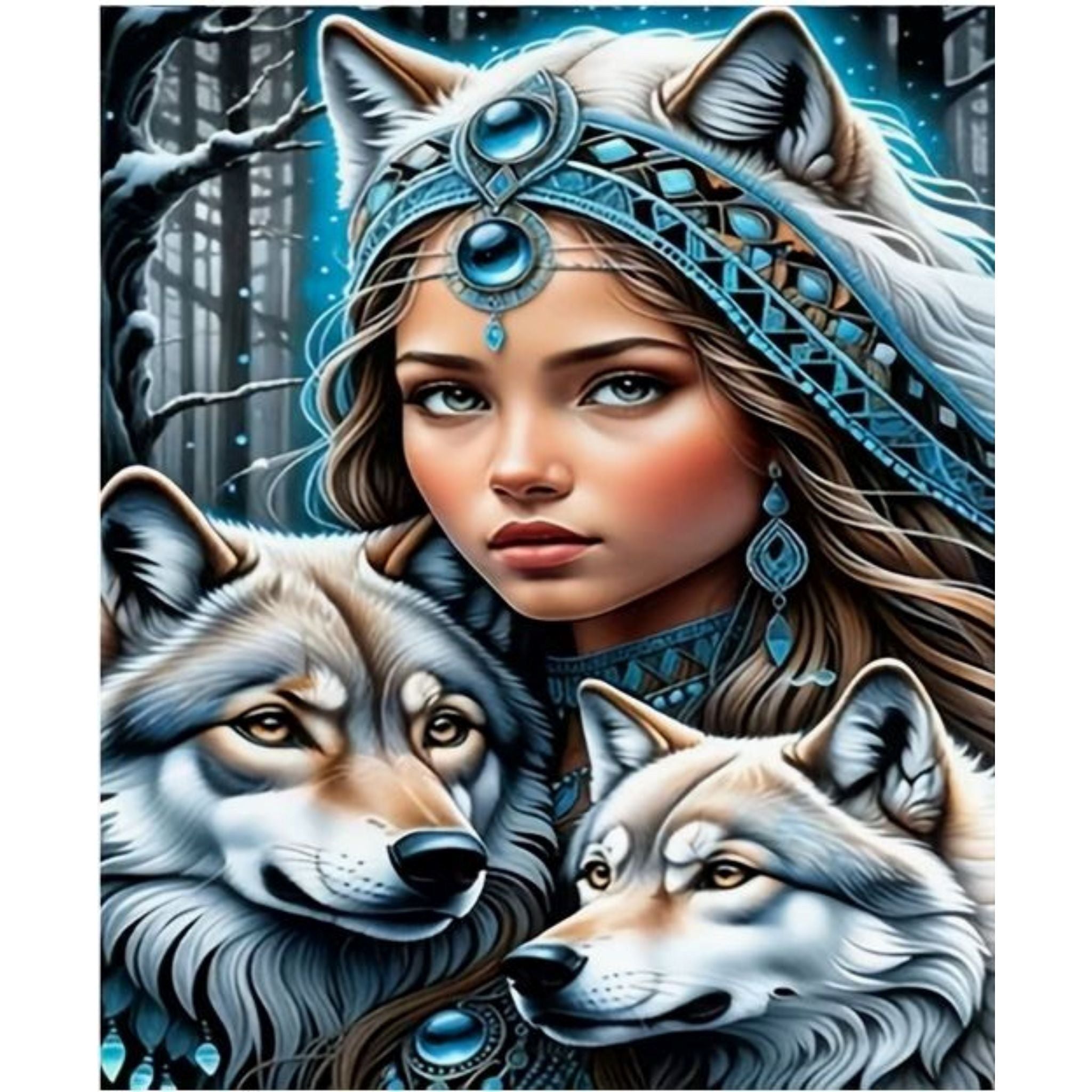 Kit complet diamond painting guerriere mystiques avec loups 40 par 50. Diamants ronds