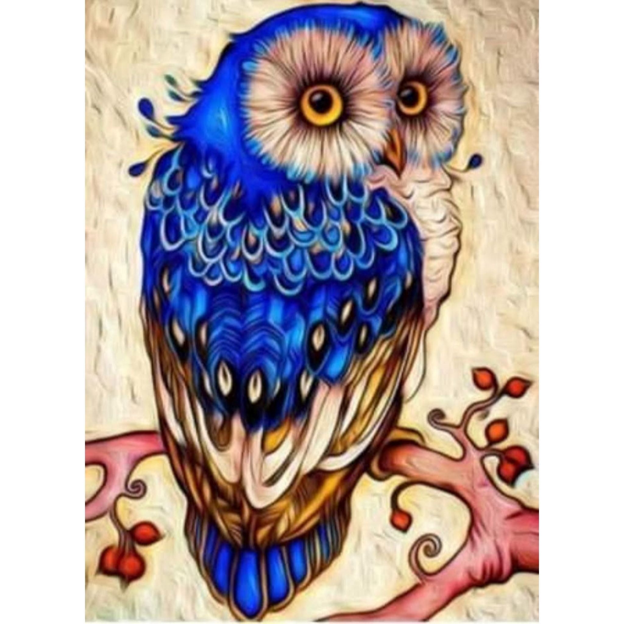 Kit Diamond Painting hibou bleu artistique 20 par30cm. Diamants ronds