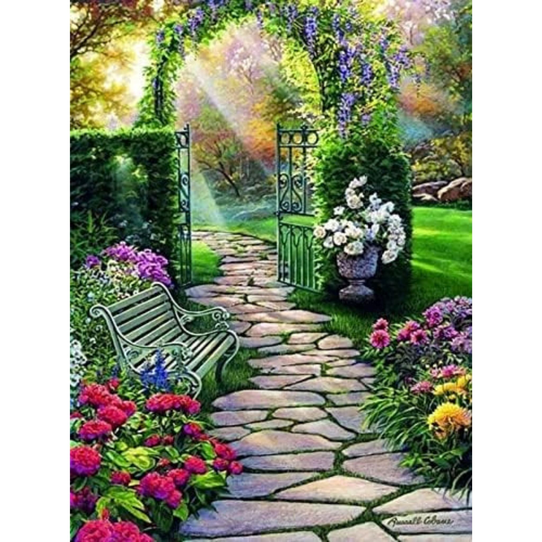 Kit diamond painting jardin enchanté portail fleuri 35 par 45cm. Diamants ronds