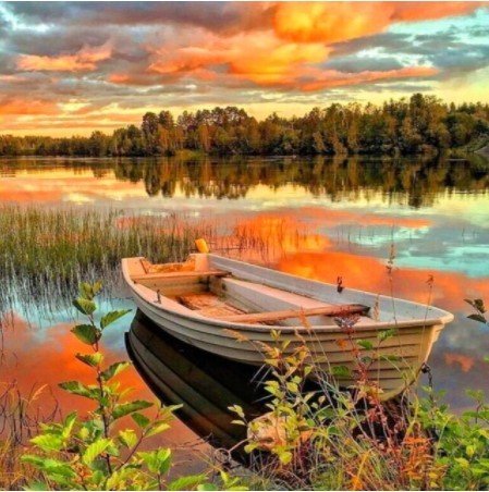 Diamond Painting Lac Coucher de Soleil Barque 30x40cm - Art & Trésorts