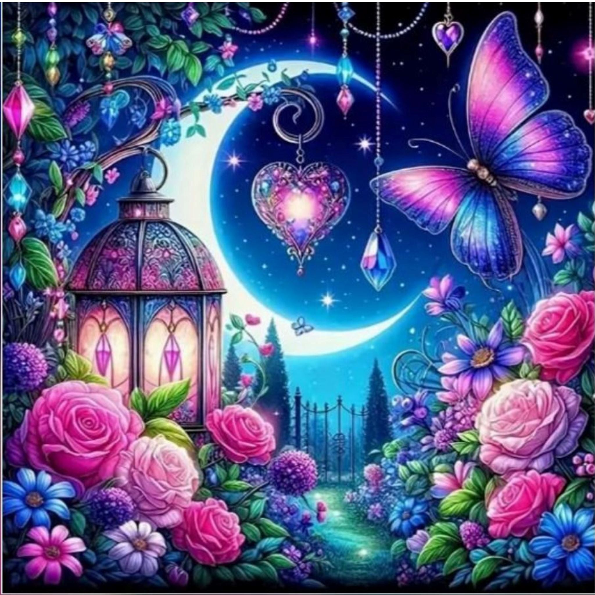 Kit diamond painting lanterne et papillon magiques 40 par 40cm. Diamants ronds