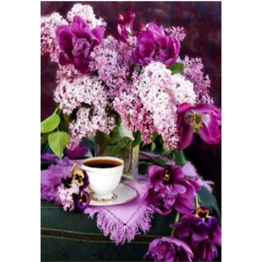 Kit diamond painting lilas tulipes violettes café 30 par 40cm. Diamants ronds