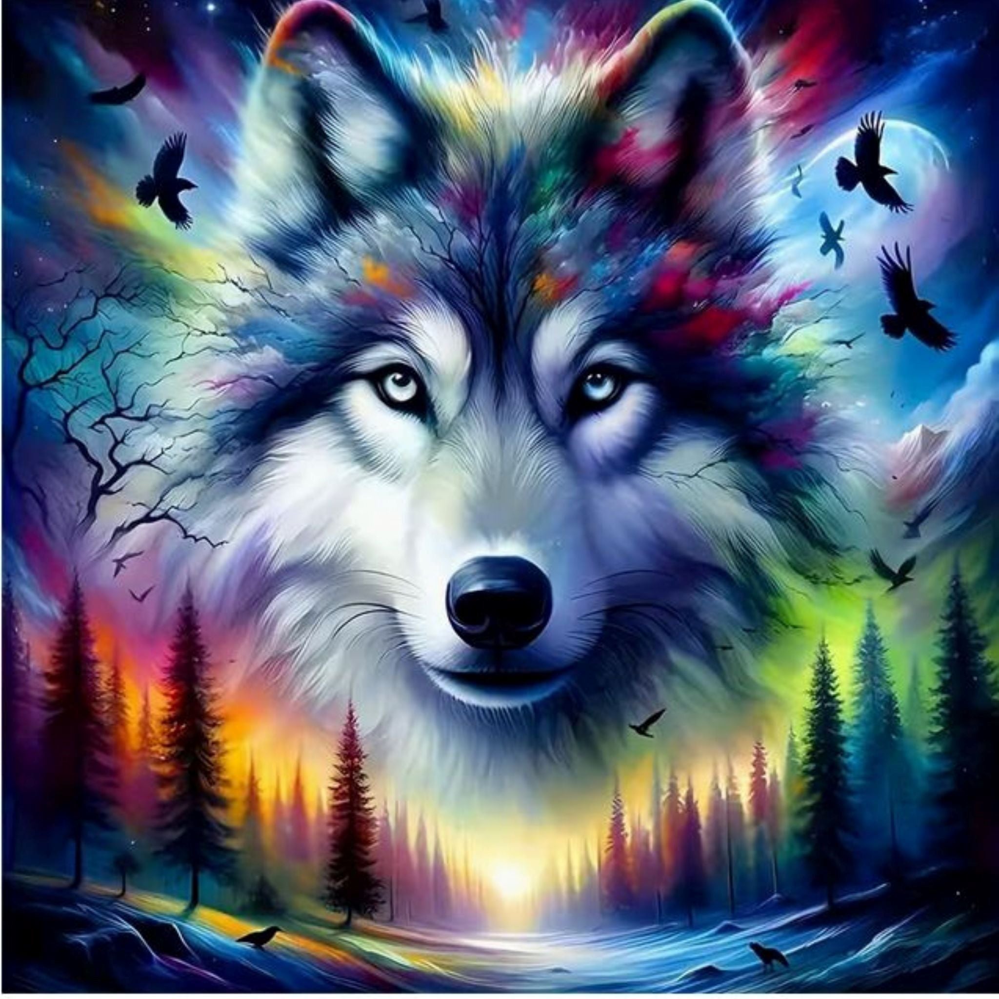 Kit complet diamond painting loup cosmique arc-en-ciel 30 par 30cm. Diamants ronds,