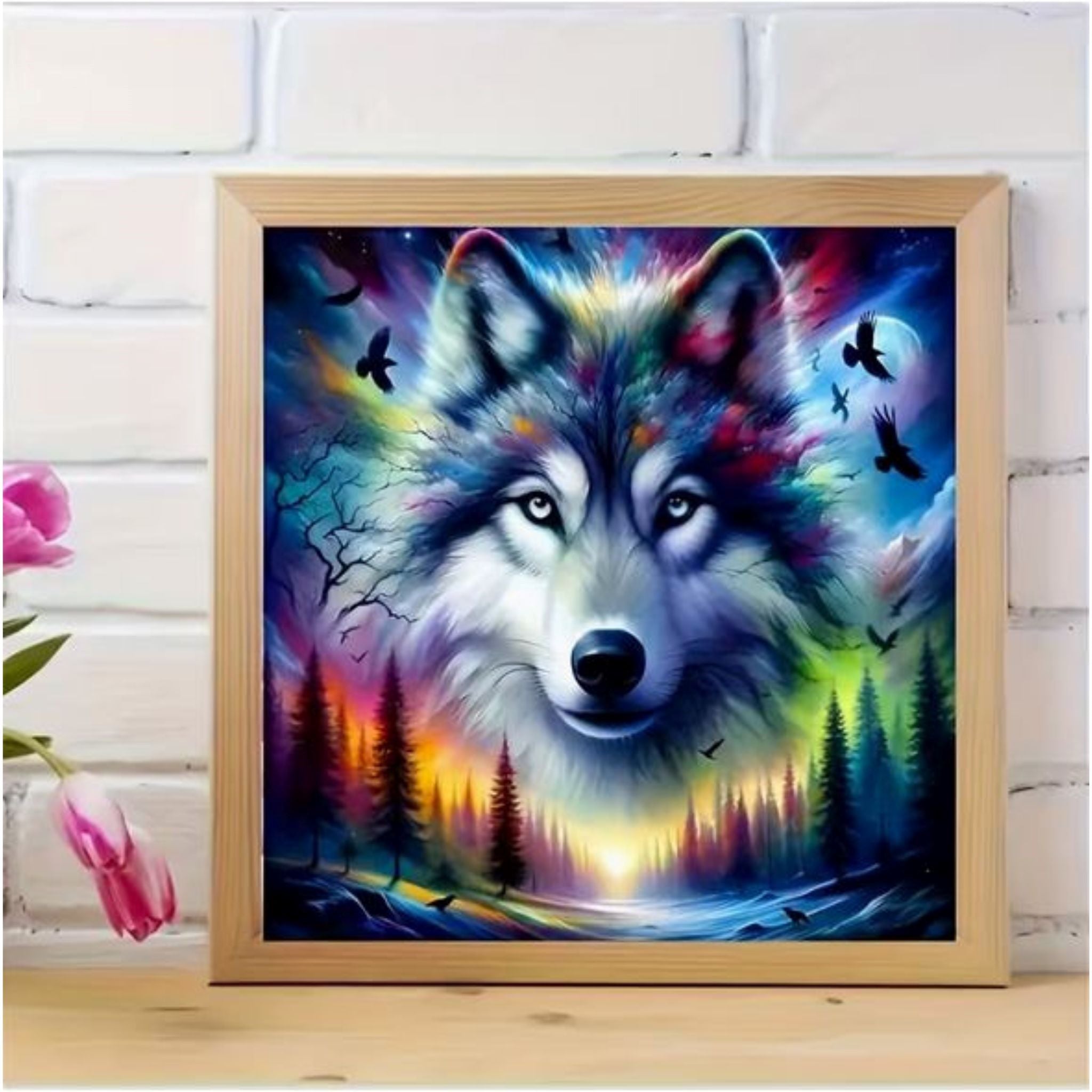 Kit complet diamond painting loup cosmique arc-en-ciel 30 par 30cm. Diamants ronds,