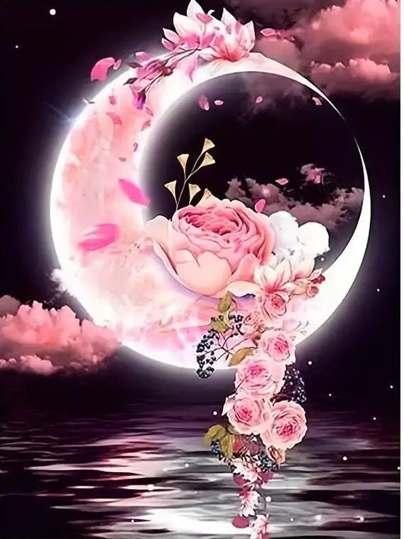 Kit complet diamond painting lune et roses 30 par 40cm. Diamants ronds