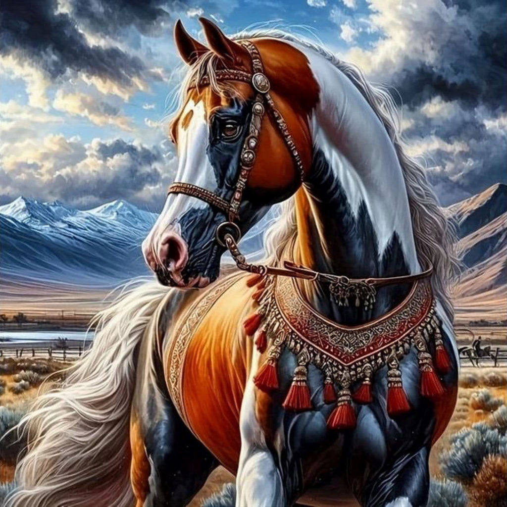 Kit complet diamond painting 5D cheval orné majestueux 40 par 40cm. Diamants ronds
