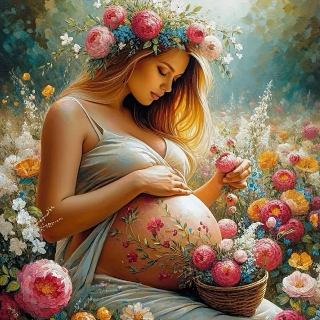 Kit complet diamond painting future maman pivoines 40 par 40cm. Diamants ronds