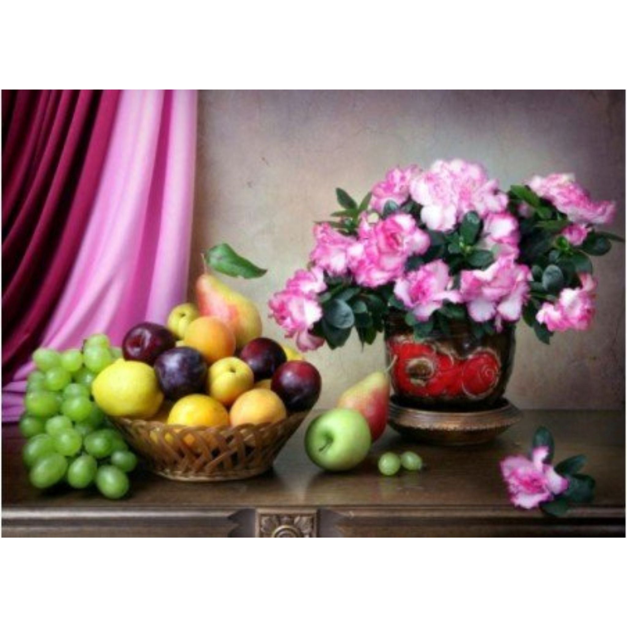 Kit diamond painting nature morte fruits fleurs roses 30 par 40cm. Diamants ronds