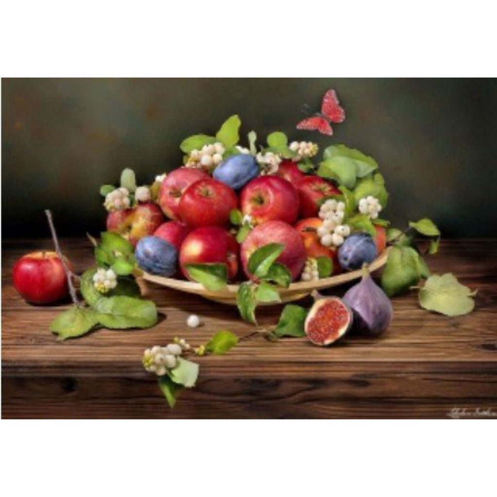 Kit diamond painting nature morte fruits et papillon 30 par 40cm. Diamants ronds