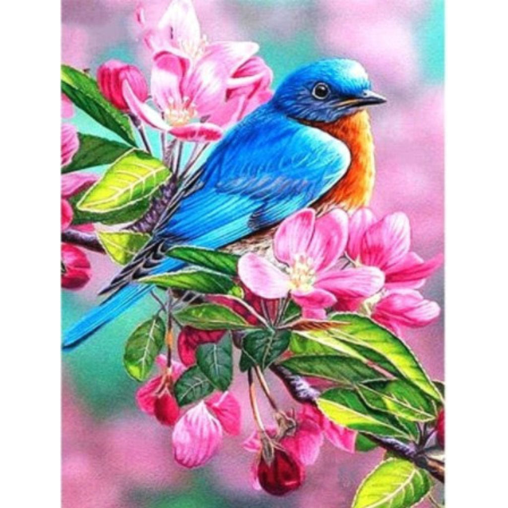 Kit Diamond Painting oiseau bleu cerisier 20 par 30cm. Diamants ronds