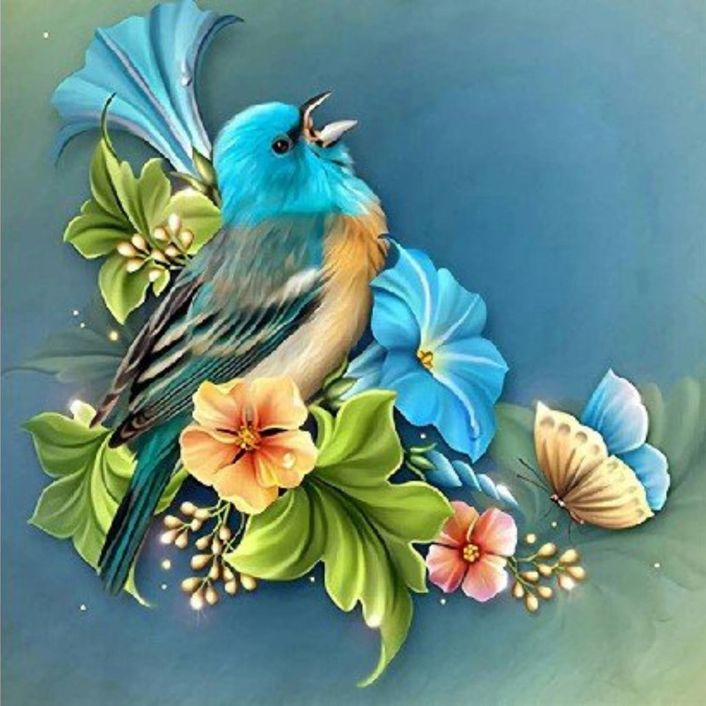 Diamond Painting Oiseau Turquoise Fleurs Papillon 30x40cm - Art & Trésorts