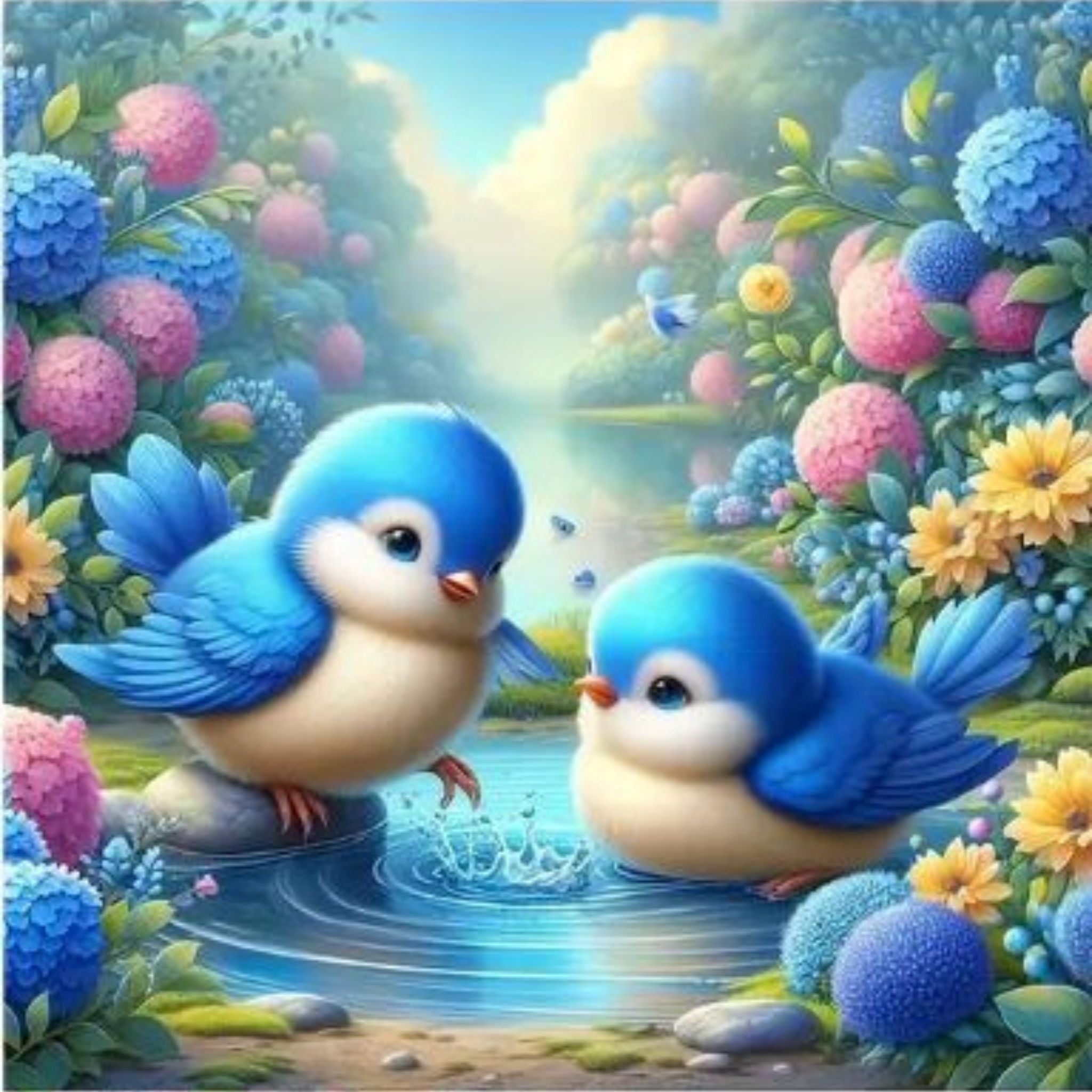 Diamond painting oiseaux bleus et jardin fleuri 40 par 40cm. Diamants ronds
