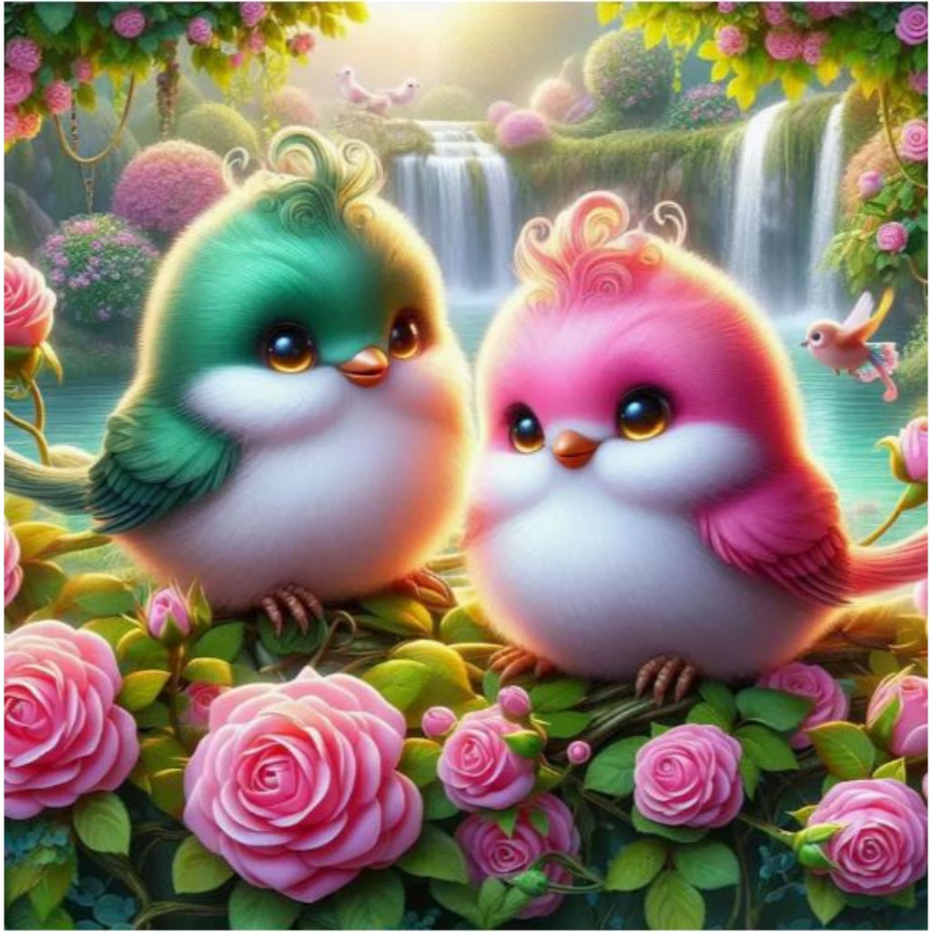 Kit diamond painting oiseaux colorés et cascade 40 par 40cm. Diamants ronds