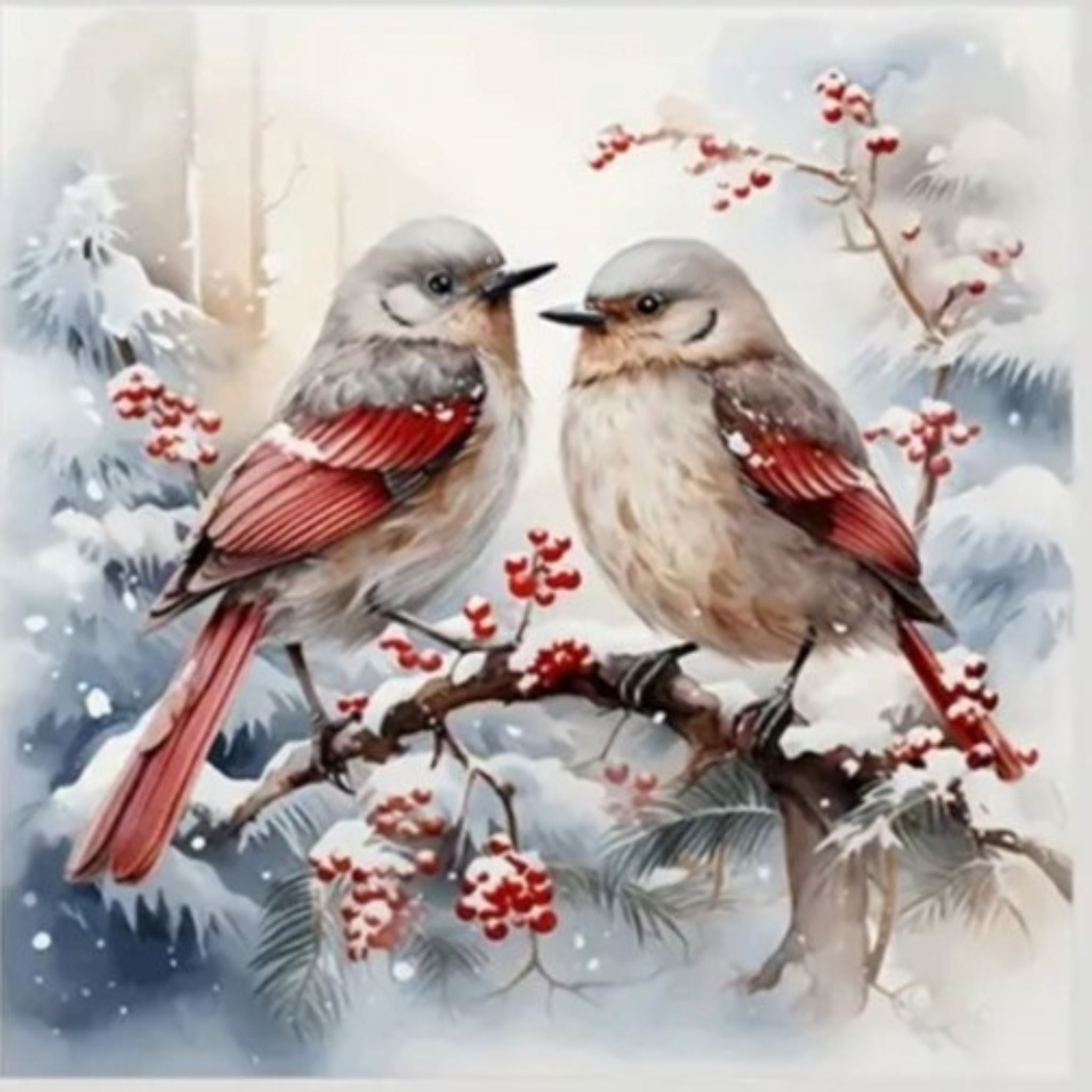 Kit Diamond Painting oiseaux hiver 20 par 20cm. Diamants ronds