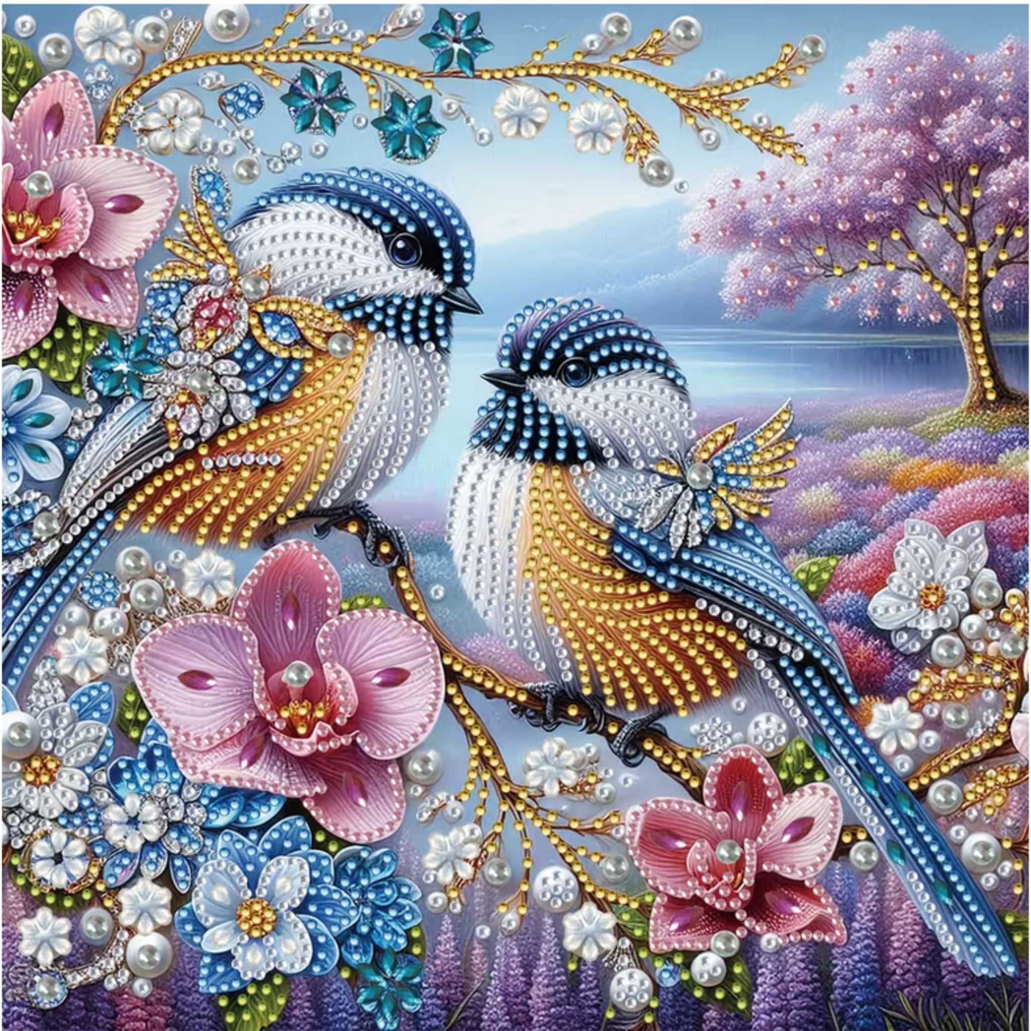 Kit diamond painting oiseaux orchidées 30 par 30cm semi-fini. Diamants irréguliers