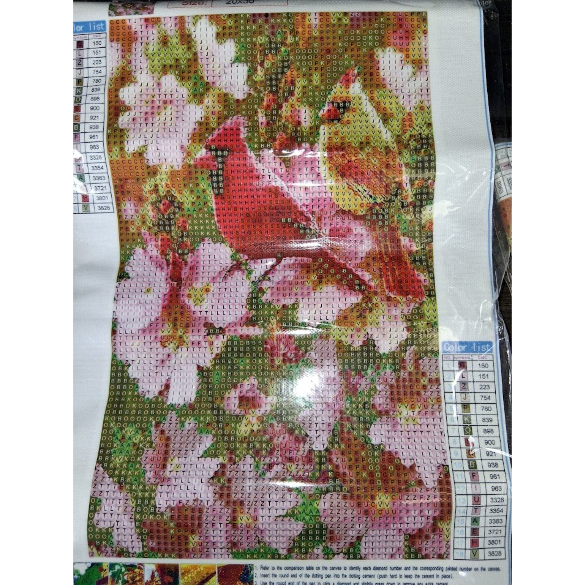 Kit diamond painting oiseaux rouges fleurs 20 par 30cm. Diamants ronds