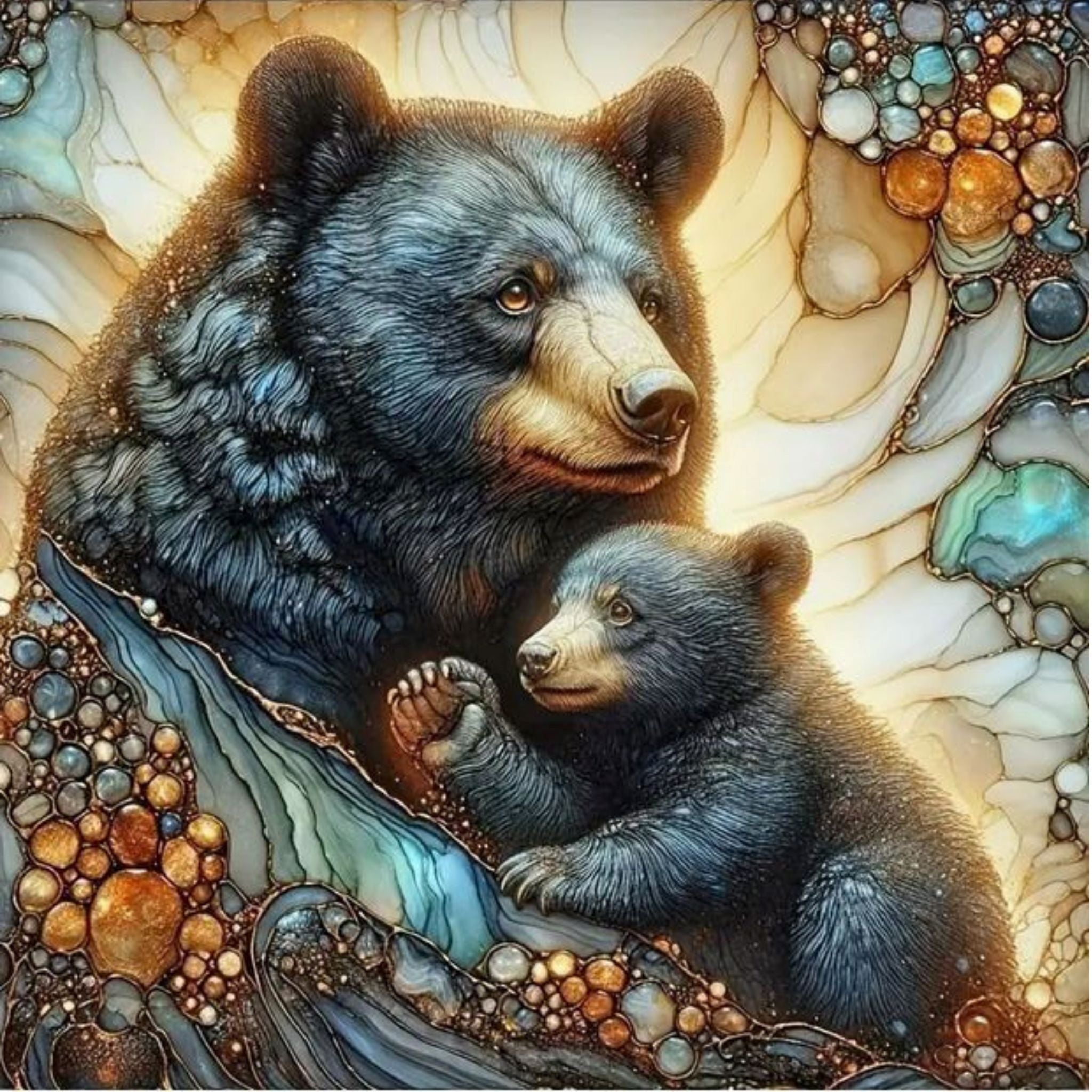 Kit diamond painting ours et ourson tendresse 30 par 30cm. Diamants ronds