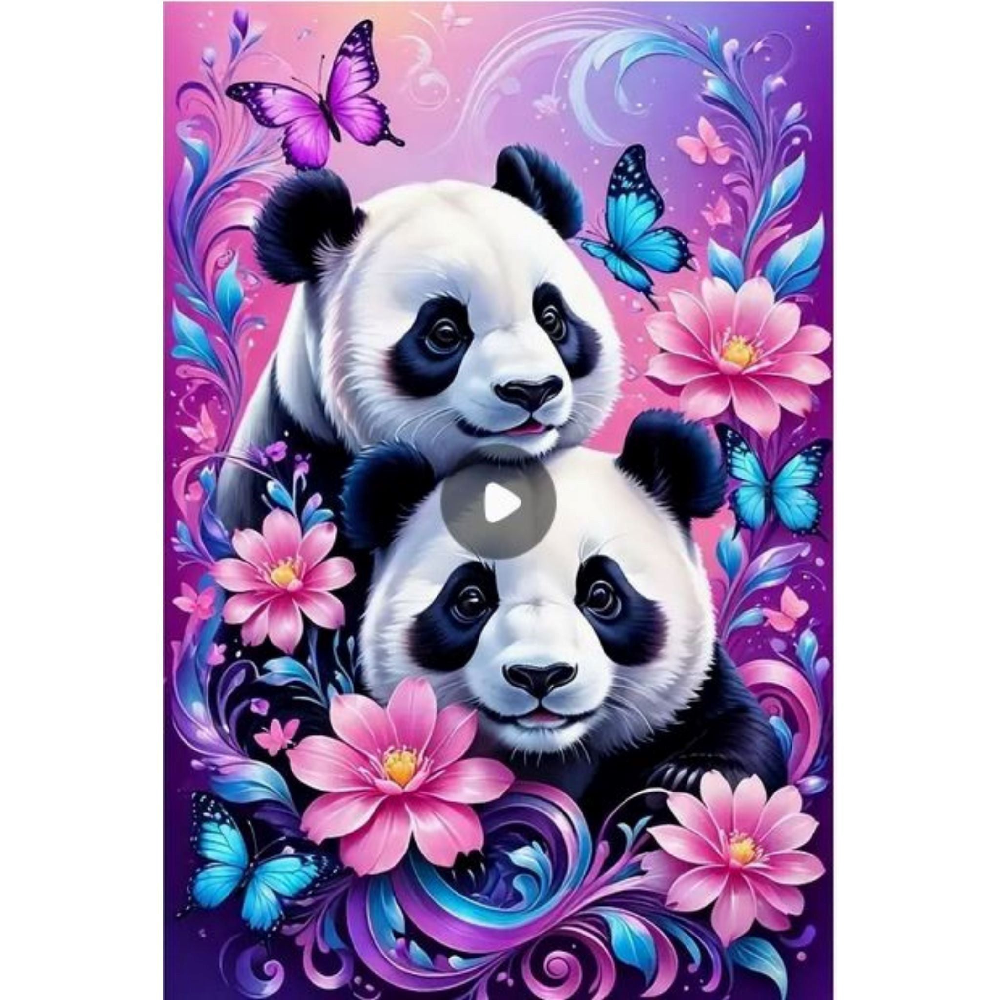 Kit diamond painting pandas et papillons enchantés 30 par 40cm. Diamants ronds
