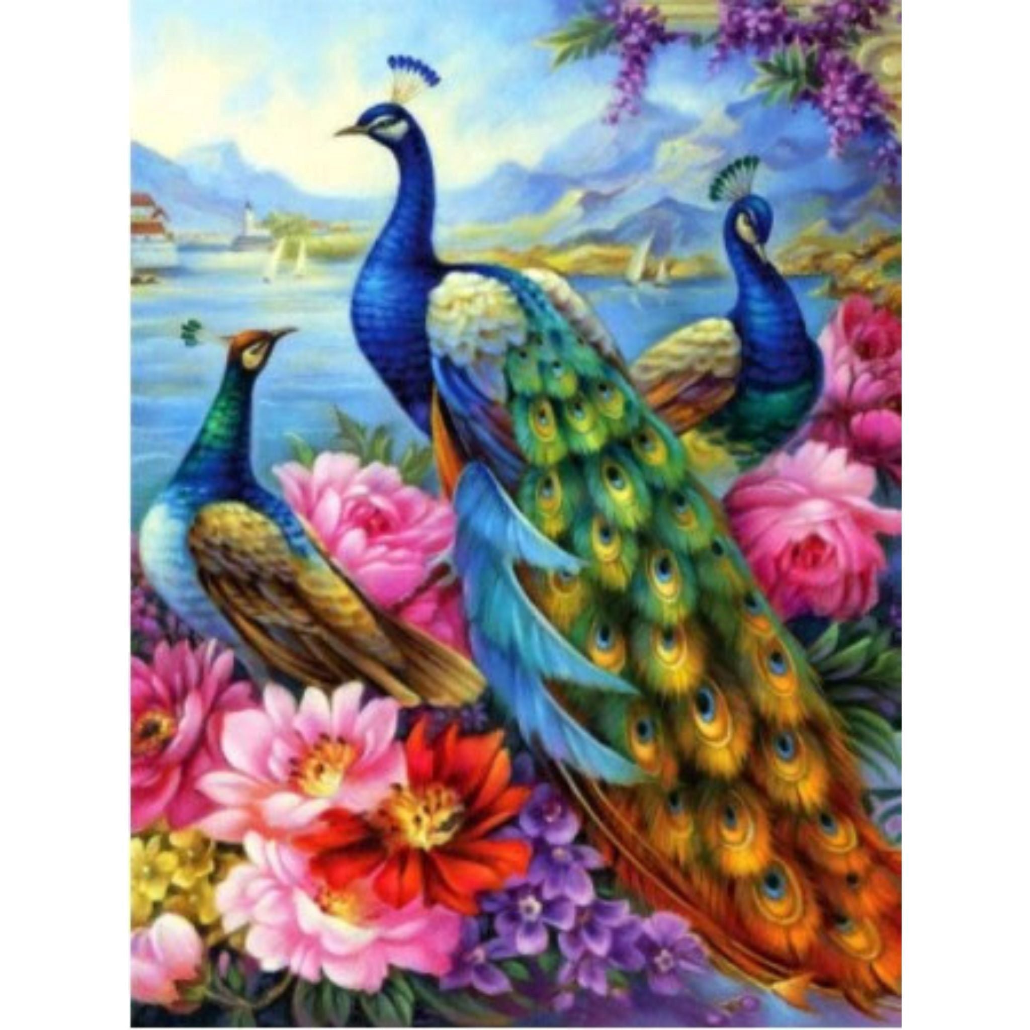 Kit Diamond Painting paons jardin fleuri 20 par 30cm. Diamants ronds