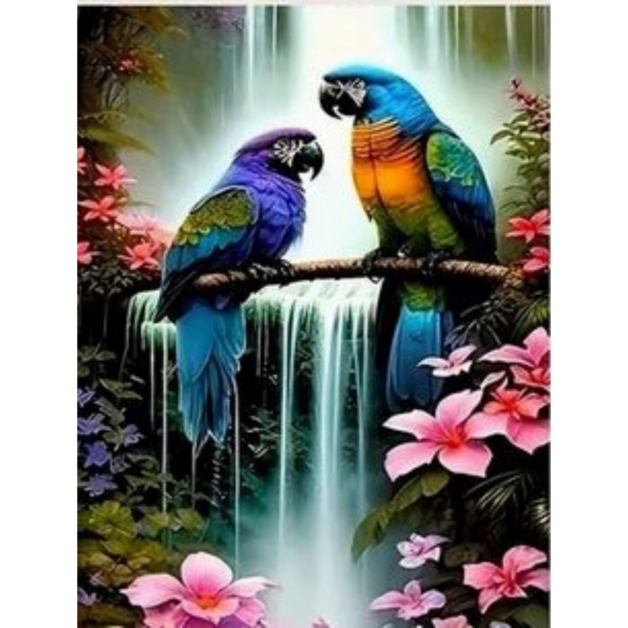 Kit Diamond Painting perroquets bleus cascade tropicale 30 par 40cm. Diamants ronds
