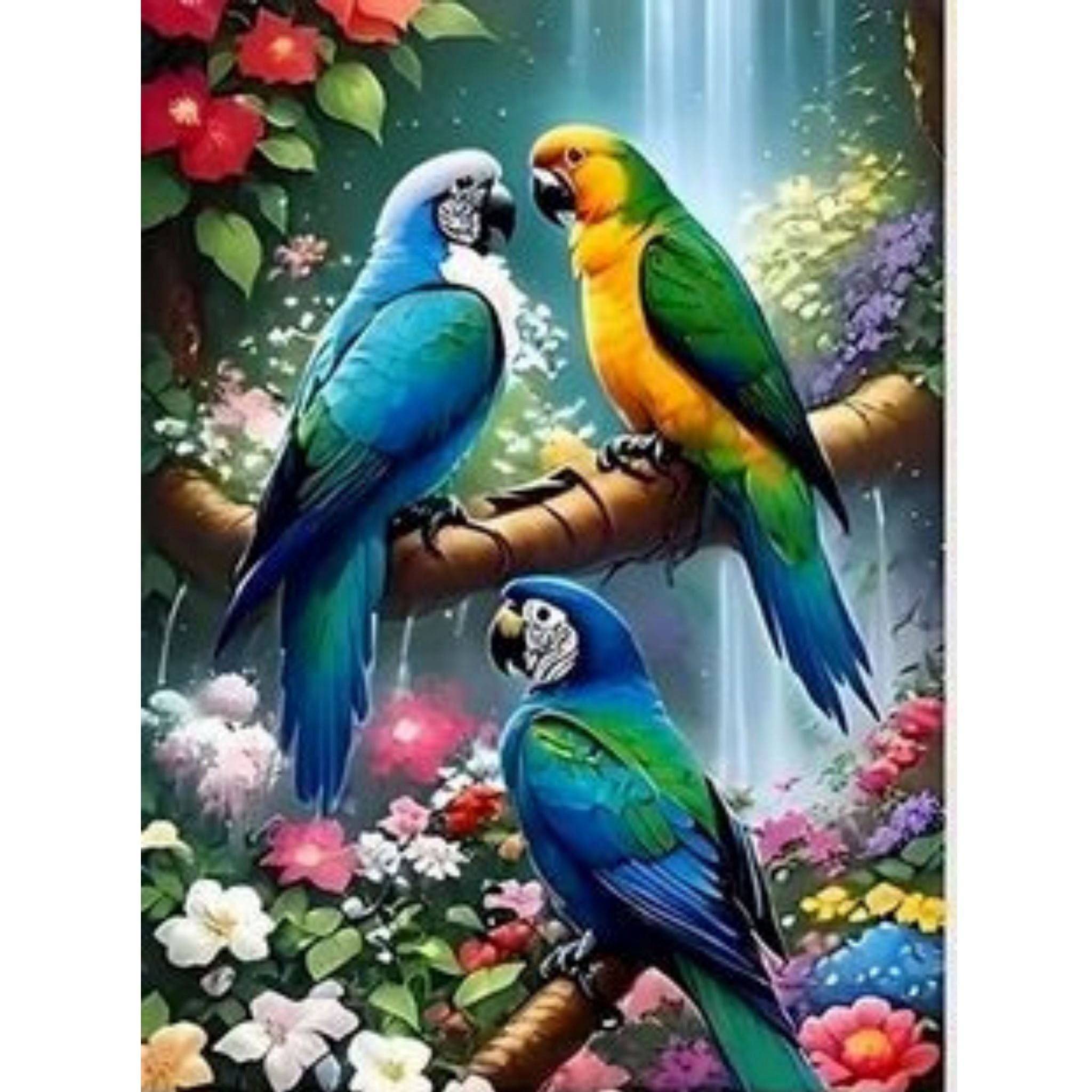 Kit Diamond Painting perroquets colorés tropicaux 30 par 40cm. Diamants ronds